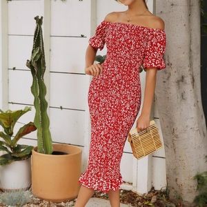 Off Shoulder Ruffle Trim Ditsy Floral Red Dress
